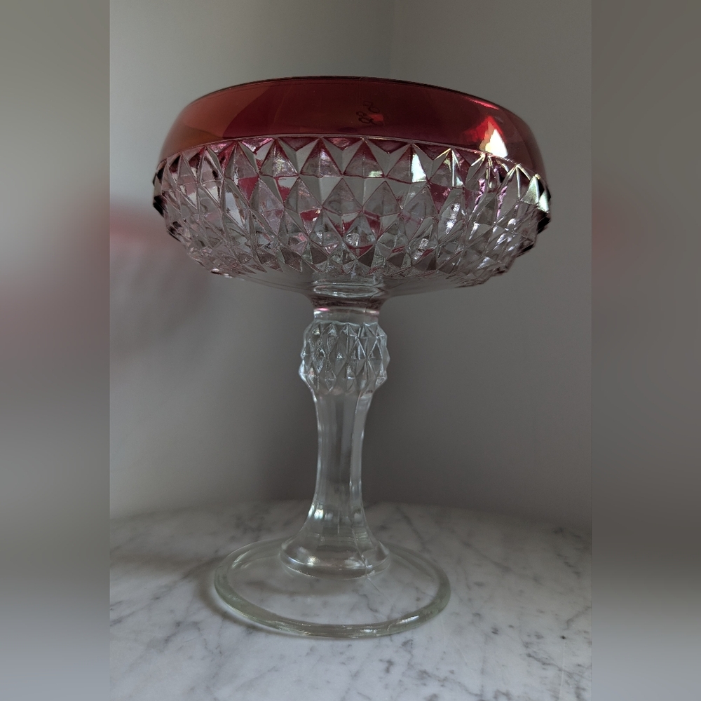 Vintage Elegant Cranberry and Clear Glass Diamond Point Compote Indiana Glass